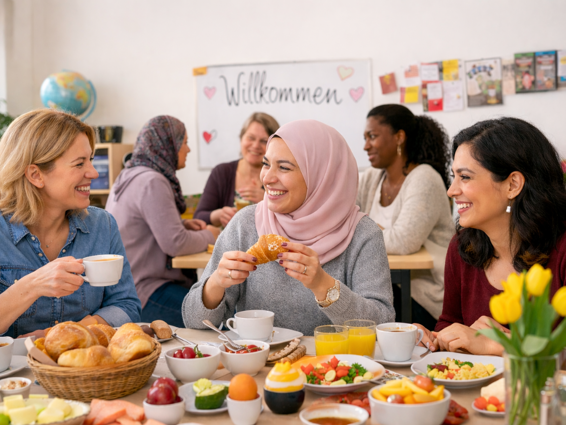 Frauen verschiedener Herkunft und verschiedenen Alters frühstücken gemeinsam